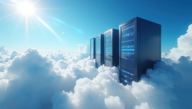 Server racks stand on clouds under bright sun. Digital infrastructure floats in sky, representing cloud computing and data storage solutions. Modern tech services connect globally.