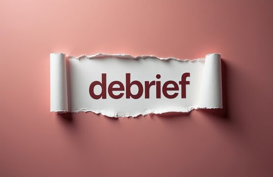Text debrief revealed on torn paper. Simple graphic for meeting, review, or information summary. Use for business, education or project analysis.