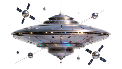 Futuristic metallic flying saucer with attached satellites and lights © darietta