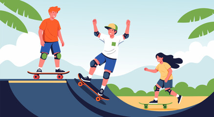 Fototapeta premium Active Kids Skateboarding at a Sunny Outdoor Park Vector Illustration Featuring Diverse Children Having Fun While Practicing Extreme Sports Activity