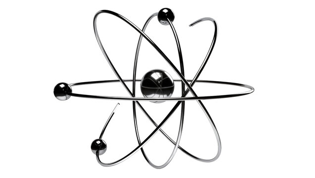Metallic atom model with orbiting electrons and central nucleus