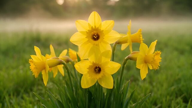 Vibrant Yellow Daffodils Blooming in a Lush Green Field on a Sunny Spring Morning.