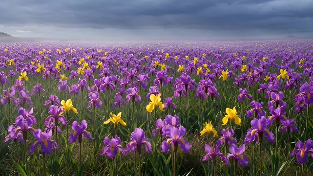 Vibrant Purple and Yellow Iris Field Blooms Under Misty Spring Flowers Sky.