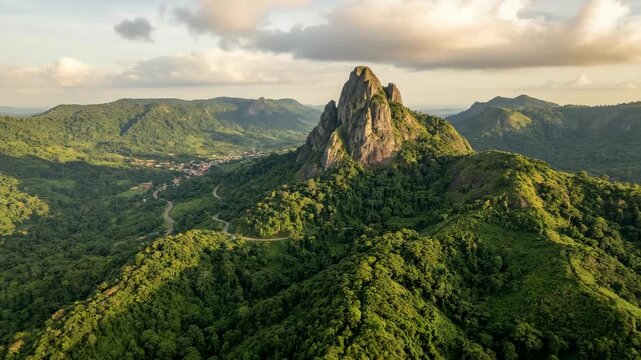 la dent de man aerial landscape in c&ocirc;te d&rsquo;ivoire at sunset timelapse video