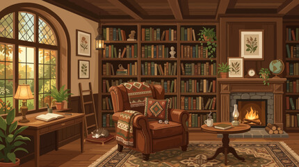 Cozy home library with armchair, fireplace, and bookshelves © Ambon