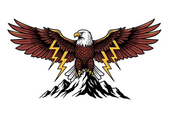 Fototapeta premium Powerful Bald Eagle Mascot Illustration Perched on Mountain Peak with Lightning Bolts, Patriotic American Eagle Vector Graphic for Apparel and Logos