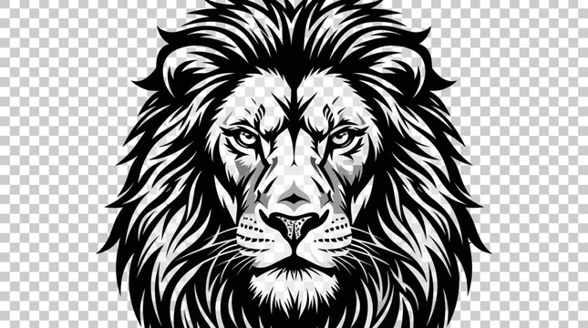 Black and white lion head illustration on transparent background