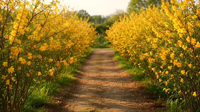 A Serene Path Lined with Vibrant Yellow Spring Flowers in Bloom.