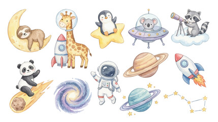 Cute watercolor space animal clipart set with planets, stars and cosmic nursery theme. Collection of Vector illustrations for invitation, card, poster, banner, decoration  © maria