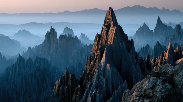 Tsingy de Bemaraha National Park. Madagascar. Mountain peaks rise sharply into the sky during early morning light in a remote location with layered hills in the background