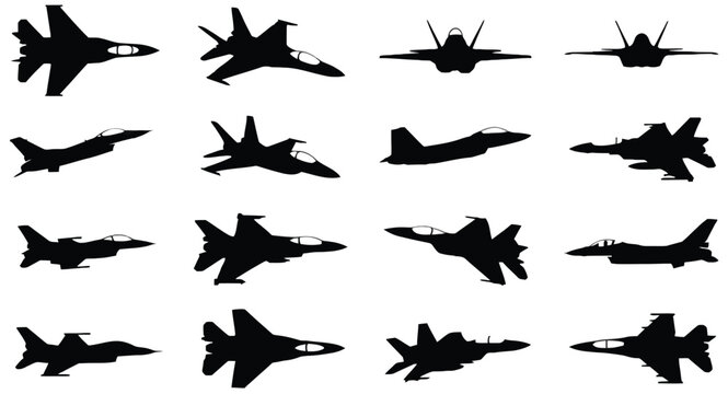 Military fighter jet silhouettes set of modern combat aircraft icons featuring black airplane shapes for air force aviation, defense systems, and aerospace design concepts, vector, designs