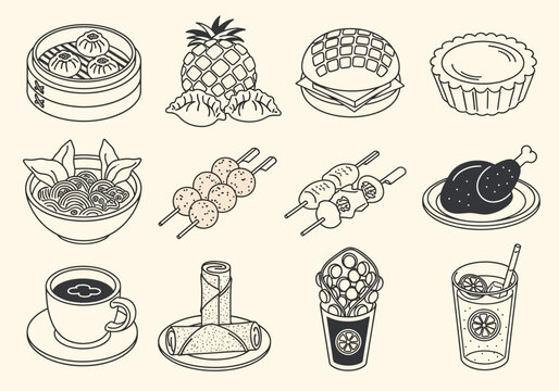 Set of Minimalist Hong Kong Street Food Icons featuring Dim Sum, Egg Waffle, Pineapple Bun, Noodles, and Iced Lemon Tea. Traditional Asian Cuisine Line Art Vector.