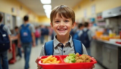 Fototapeta premium A happy young boy with a blue backpack holds a lunch tray with fries, chicken, and salad. He smiles in a busy school cafeteria line. Kids get their meals during recess.