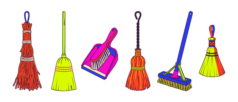 Cleaning broom set vector illustration of colorful cleaning tools, household sweepers, dustpan with brush isolated on white background, retro cartoon style icon set for domestic housekeeping activitie