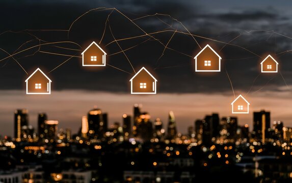 Glowing Digital Real Estate Icons Floating Above a Modern City Skyline at Dusk