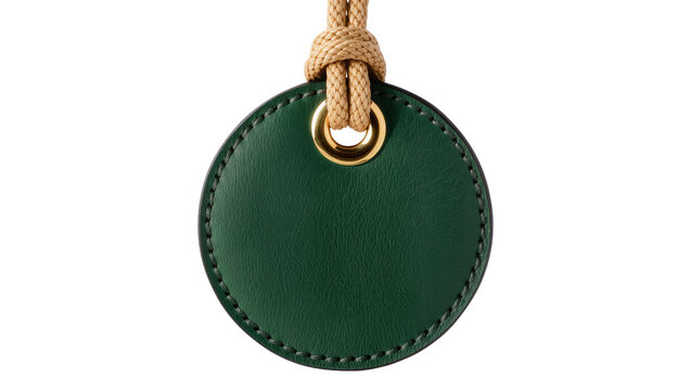 Round green leather tag with gold grommet and rope