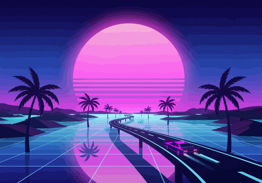 80s Retro Futurism Synthwave Landscape with Sports Car, Neon Sunset, and Palm Trees over a Cyberpunk Digital Grid