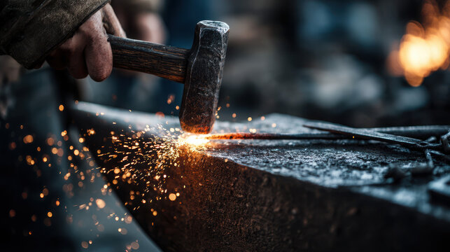 Blacksmith hammering hot metal on anvil with sparks flying everywhere in workshop