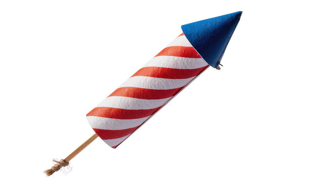 Striped rocket firework with blue tip and string fuse