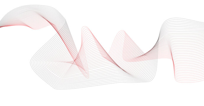 Abstract flowing wave with red accents made of small dots and lines on white background sound wave