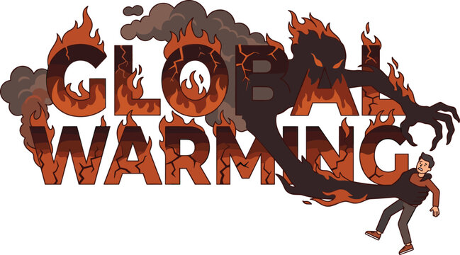 Global warming creative typography concept with cracked burning letters on fire and a dark flame shadow monster grabbing a terrified young man vector illustration