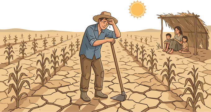 Tired farmer wiping sweat under hot sun in dried cracked field with dead crops while his family waits in a straw shelter vector illustration