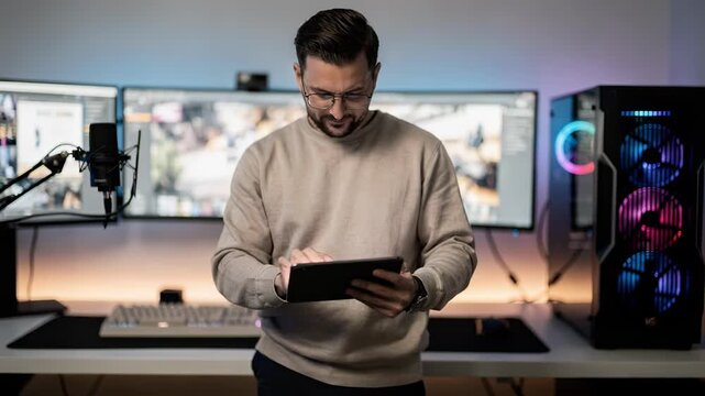 Focused medium shot of a multiplatform campaign coordinator aligning gaming influencers with brand partners showcasing tech setup with softfocus monitors behind.