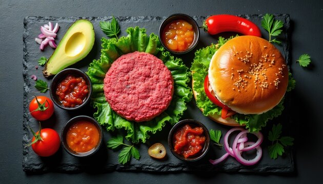 Gourmet burger ingredients laid out on slate. Raw beef patty, bun, lettuce, tomato, avocado, onion, pepper, and sauces ready for assembly. Fresh, uncooked components for meal prep or recipe.