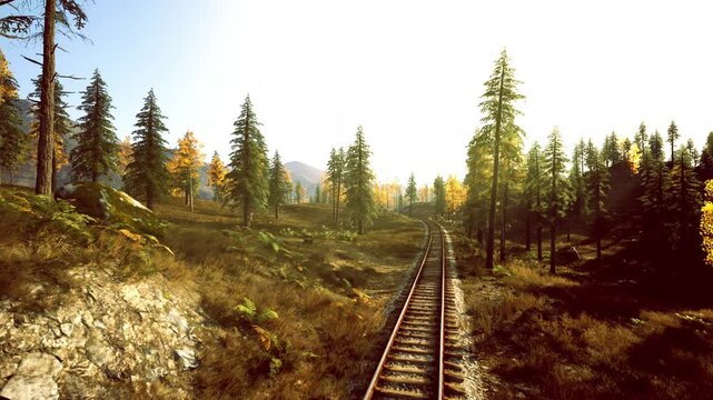 sunlit railway track through forest, leading toward distant mountain with autumn light warming tall pines, evoking nostalgia and slowtravel mood for adventure