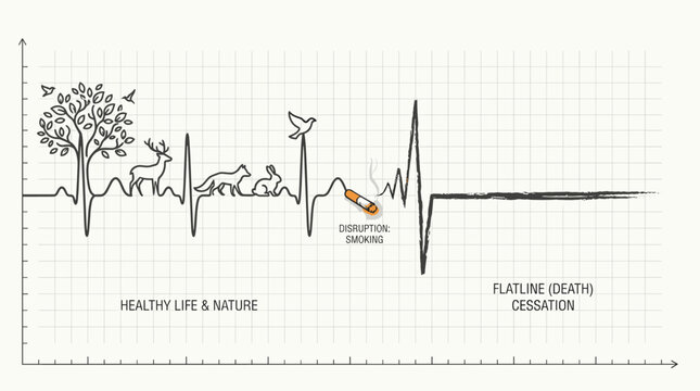 Anti-smoking campaign vector illustration showing a heartbeat pulse line with nature and wildlife transitioning into a flatline death caused by cigarette disruption
