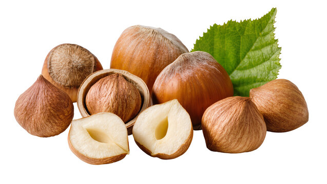 Whole and halved hazelnuts with green leaf