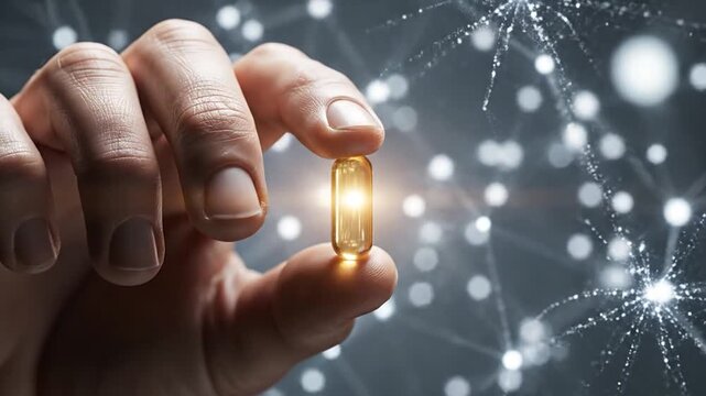 Close up of a hand holding a golden oil capsule against a glowing scientific data network background