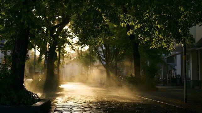Golden light bathes a quiet cobblestone street revealing serene urban beauty and misty morning atmosphere