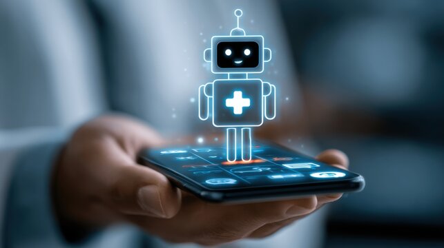 Hand holds smartphone with virtual robot for medical assistance at a tech event in a modern setting
