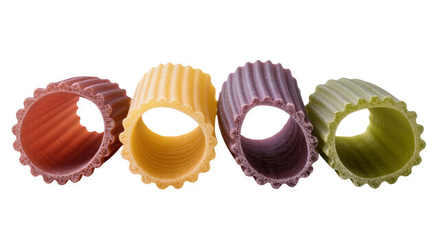 Four colorful rigatoni pasta tubes with ribbed texture