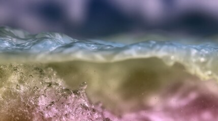 Obraz na płótnie Canvas Split ocean view at water surface level shows ripples and underwater bubbles for nature advertising, travel lifestyle websites and spa wellness background themes