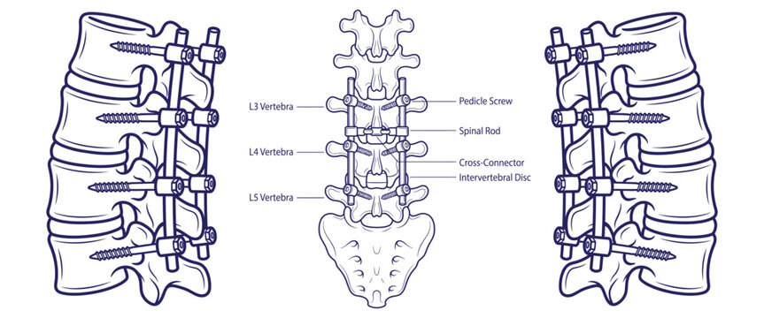Spinal fusion surgery, detailed medical illustration of lumbar spine with pedicle screws and rods, showing procedure for back pain relief.