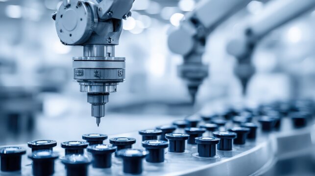 Robotic arms meticulously assemble small components in a modern automated manufacturing facility