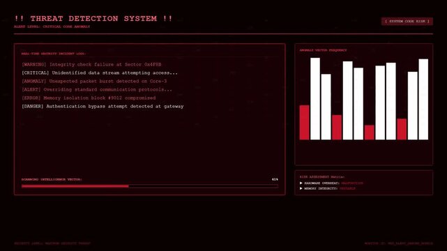 Threat Detection System Critical Alert Cybersecurity Hacking Animation Red Screen Warning Dashboard Footage.