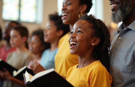Diverse group of people, young and old, sing together from hymn books in church. Family smiles singing gospel songs in choir, sharing faith community. Worshipers united in joyous musical praise.