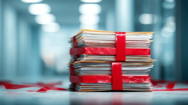 14.Business concept image of messy folders restricted by red tape, symbolizing inefficiency and bureaucracy, isolated on blurred office environment