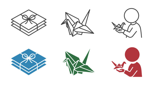 Origami paper craft icons and gift box illustration set with handmade creative activity instruction paperwork