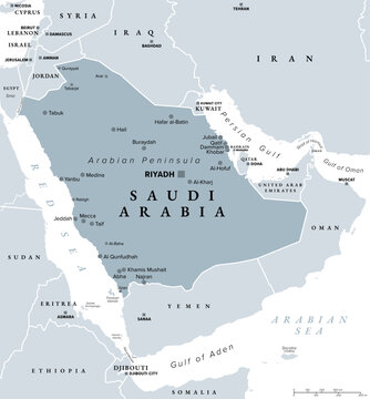 Saudi Arabia, gray political map with capital Riyadh and largest cities. Arab country in West Asia, in the centre of the Middle East, covering the bulk of the Arabian Peninsula. Illustration. Vector