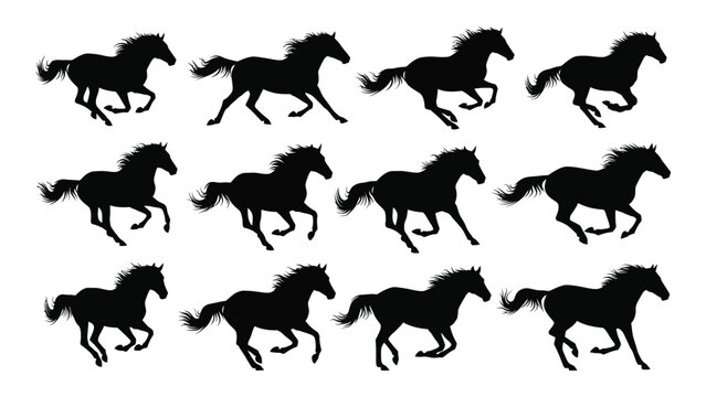 Collection Of Running Horses In Various Poses Black Silhouette Against A White Background Silhouette horse equine stallion mare galloping trotting