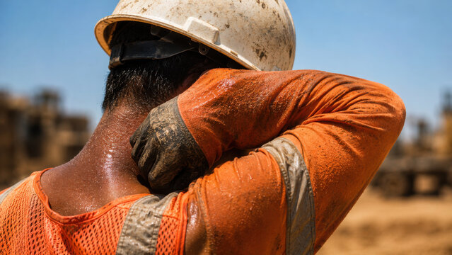 Worker wipes sweat from his neck while wearing hard hat and gloves, showcasing heat and stress of outdoor labor