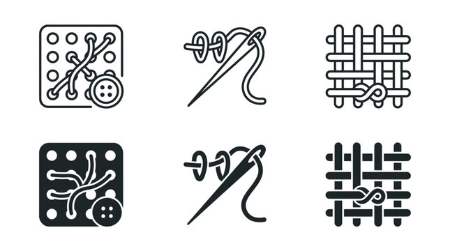 Icon set featuring textile sewing and needlework equipment for tailoring stitching needlework clothing