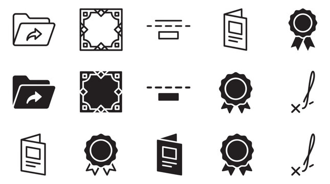 Business office and administration icons including document folders and awards with document business brochure