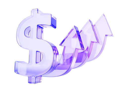 Hologram glass 3d dollar sign with growing arrows up. Rising currency exchange rate, increase value, profit. Purple crystal money symbol on blue background. Financial growth, invest