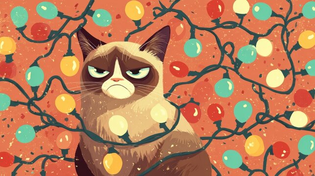52.Funny holiday illustration of a grumpy cat tangled in colorful christmas lights, annoyed facial expression, playful cartoon style, festive winter color palette, clean background, humorous