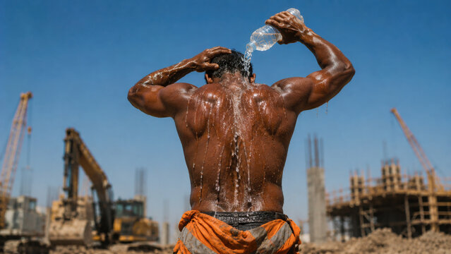 Sweating under sun, worker pours water over himself to combat heat and stress during demanding day at construction site
